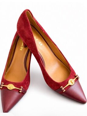 Coach Burgundy Suede Kitten Heels Gold Horsebit Pointed Toe 8B